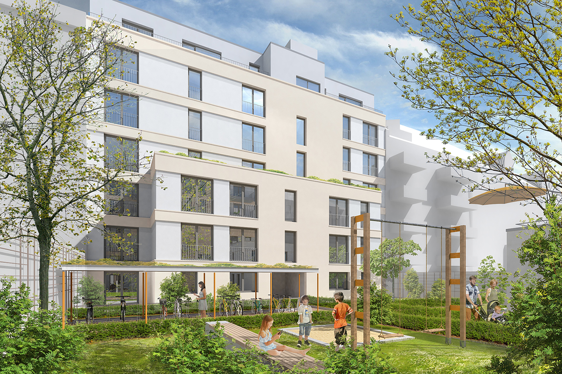 Gartenansicht mit begrüntem Innenhof am Raupelsweg